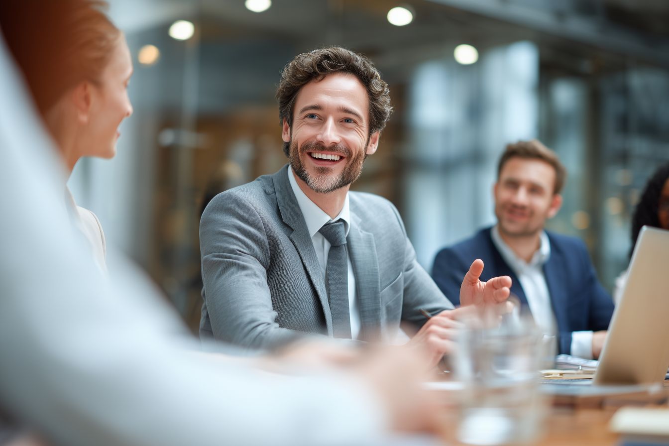 A businessman having a discussion with other business professionals in an office meeting room
